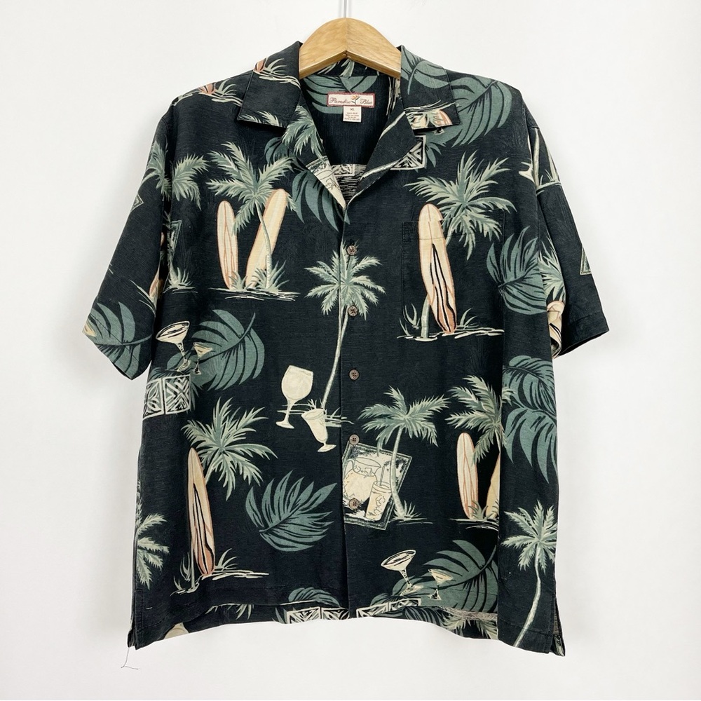 Vintage Paradise Blue Silk Hawaiian Short Sleeve Buttoned Shirt‎ Size XL